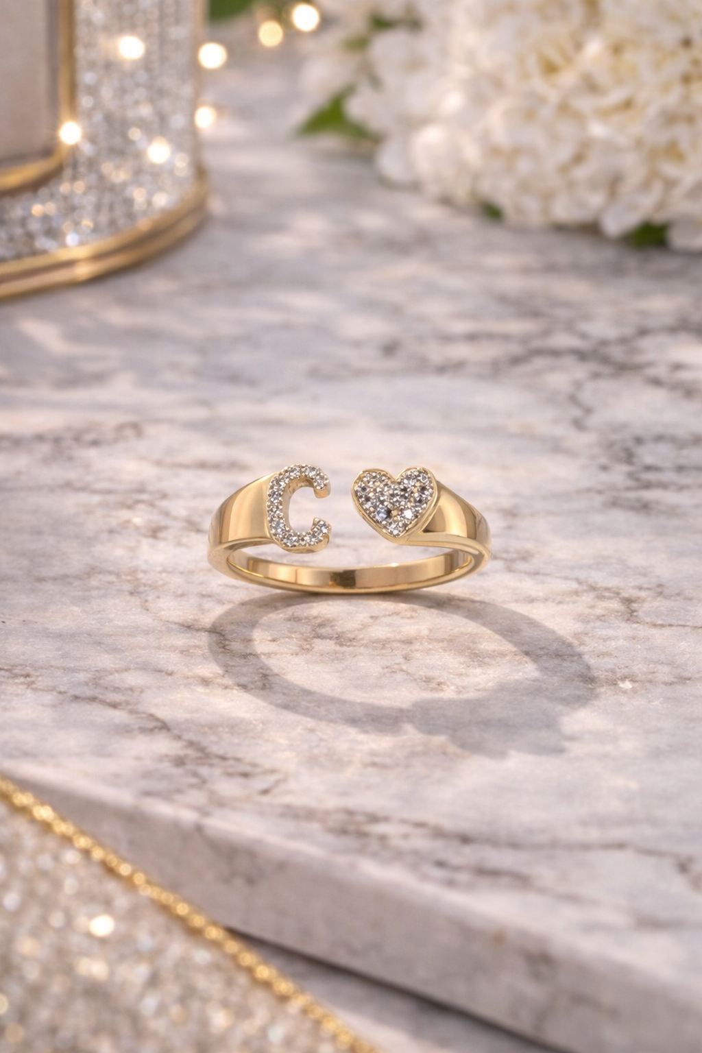 Diamond Initial “C” & Heart Ring